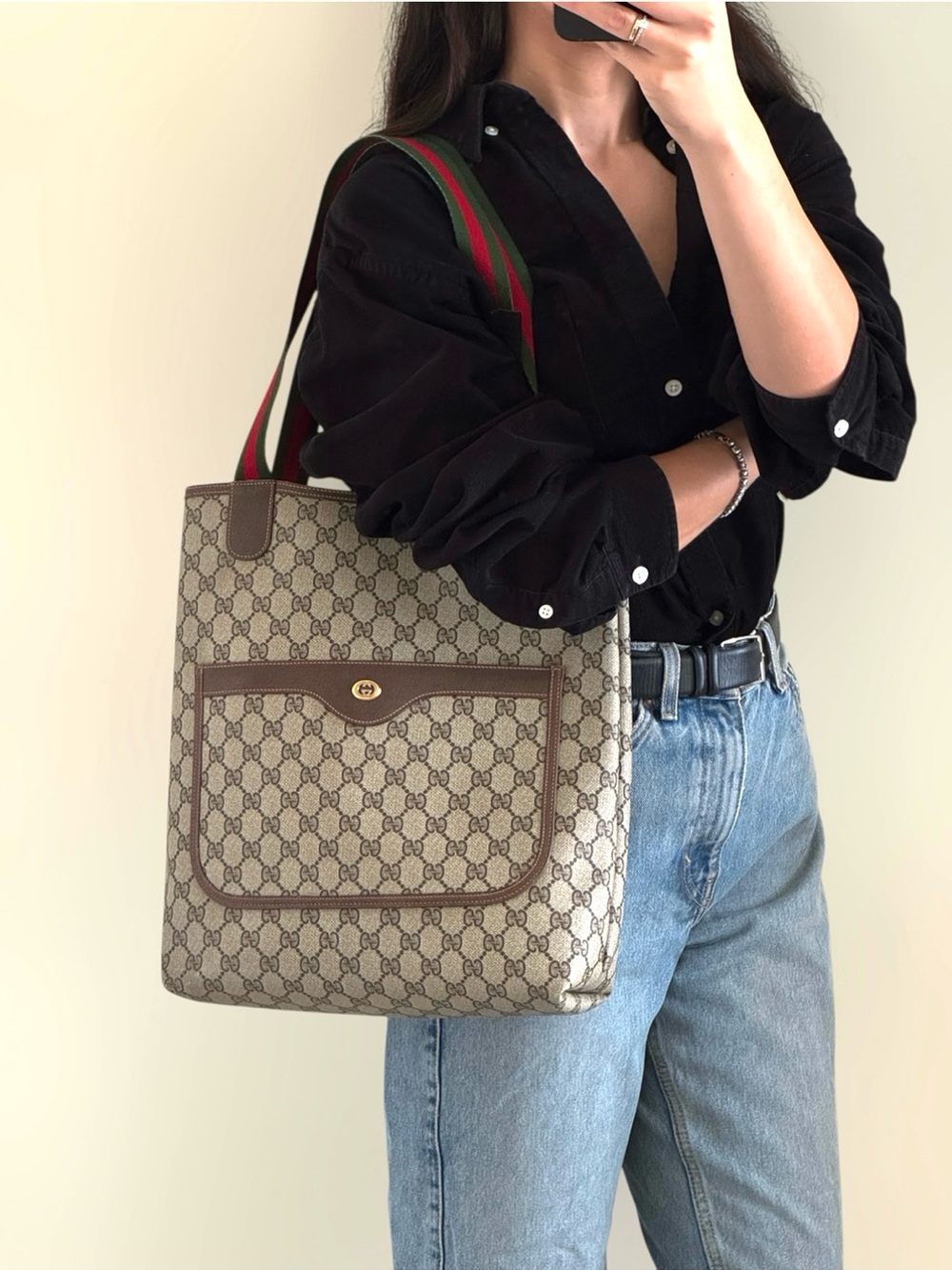 Authentic Gucci brown monogram coated canvas tote bag red green straps